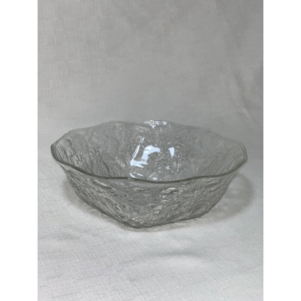 Vintage Clear Pressed Glass Bowl Floral Design Cut decorative Floral Serving
